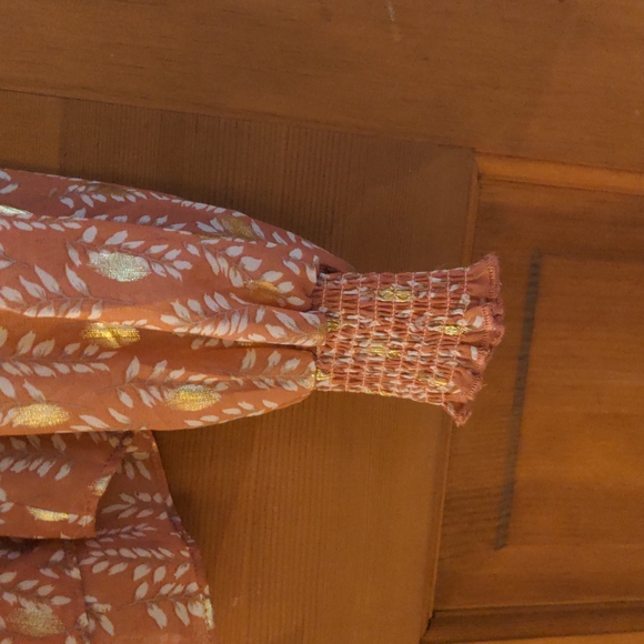 Bigyonger Sheer Shirred High Neck Blouse With Metallic Accents Red Bean Paste - Picture 7 of 11